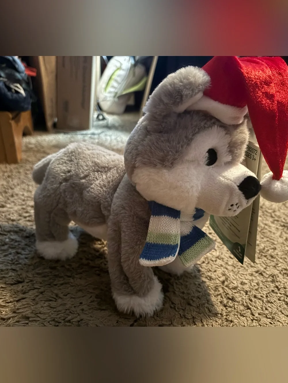 Animated Plush Husky Dog Toy with Blue & Green Scarf